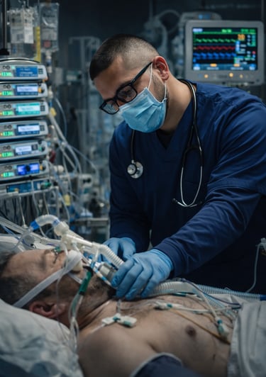 fisioterapeuta realizando inspeção no circuito do ventilador mecanico em uma uti