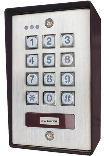Enforcer outdoor digital access control keypad with backlit buttons and stainless steel faceplate.