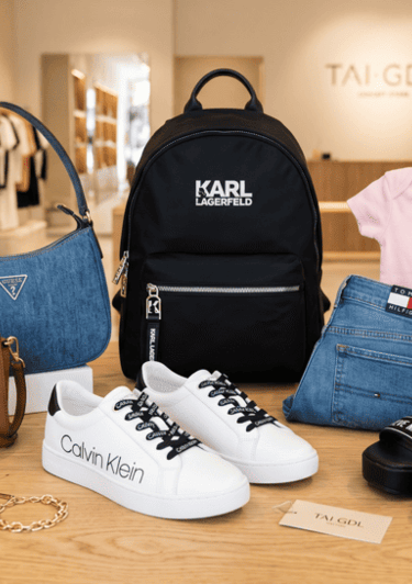 Exhibición moda diseñador con mochila Karl Lagerfeld, Tenis Calvin Klein,  bolso Michael steve madde