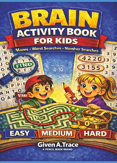 Brain Activity Book for Kids book cover featuring mazes, word searches, and number searches from eas