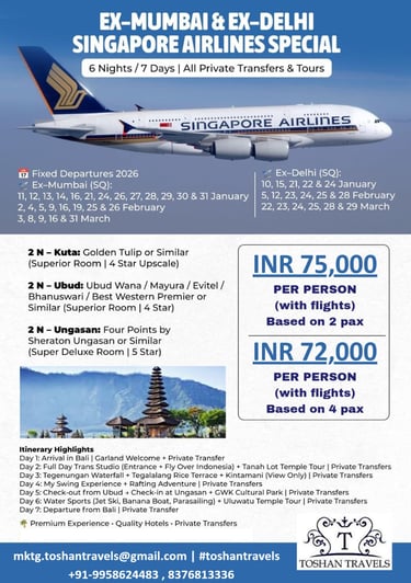 Bali couple honeymoon package by Singapore Airlines Ex-Mumbai & Ex-Delhi by Toshan Travels