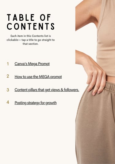 A Table of Contents featuring Canva's Mega Prompt and social media growth strategies.