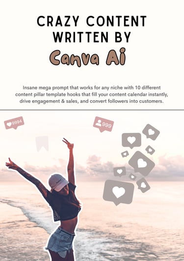 Promotional graphic for Canva AI content prompts featuring a woman on a beach with social media engagement icons.