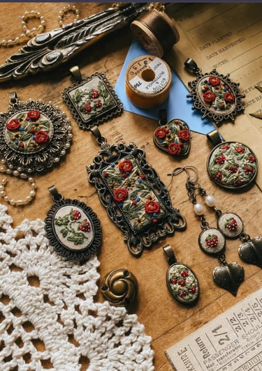 Pendientes y joyería florales bordados a mano en marcos de bronce vintage sobre una mesa de madera