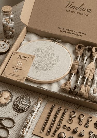 Kit de bordado, hilos y materiales para la elaboración de bordados y joyas hechas a mano.