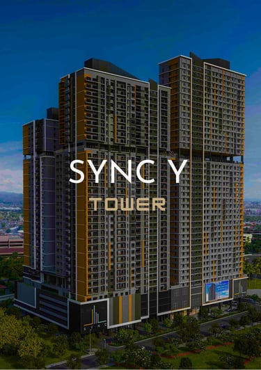 Modern SYNC Y Tower high-rise condominium building with yellow accents in a city skyline.