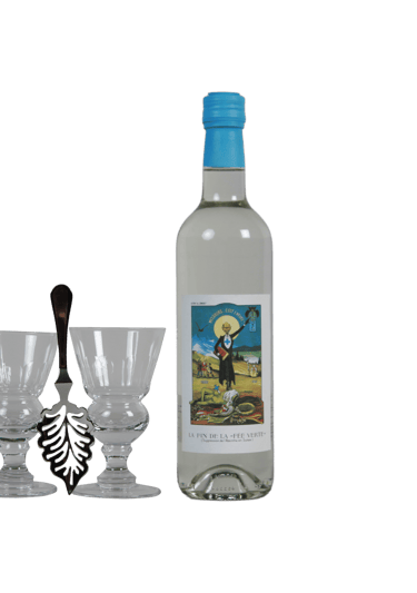 Etiquette incontournable Guguss présente sur une bouteille d'Absinthe Guilloud