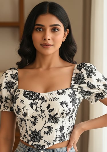 a woman in a floral top and jeans shorts