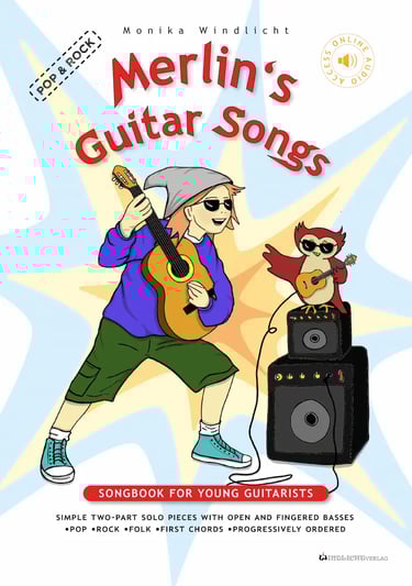 Cover of “Merlin’s Guitar Songs” by Monika Windlicht. Pop and rock style guitar songbook with easy t