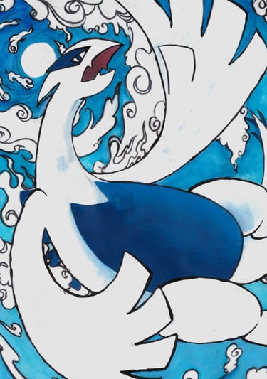 gouache painting of lugia, pokemon, second gen. 2nd gen.