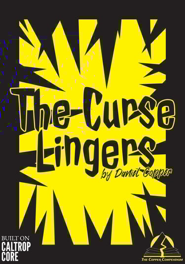 The cover of The Curse Lingers. Black spikes encroach on a yellow centre, with jagged text.