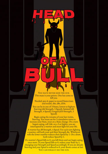 The cover of Head of a Bull. A minotaur stands, silhouetted by a yellow doorway, with pillars on each side.