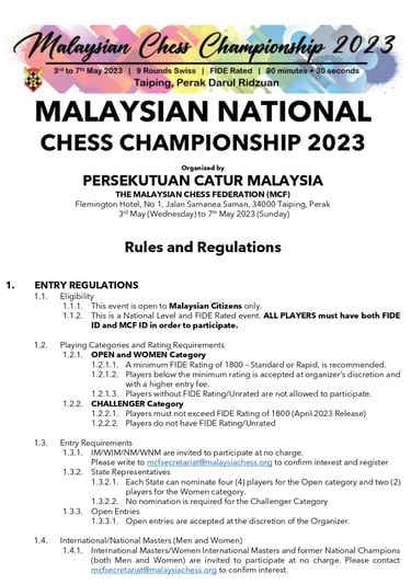 Malaysian Chess Championship 2023. Chess Malaysia. Catur Malaysia. Malaysian Chess Federation