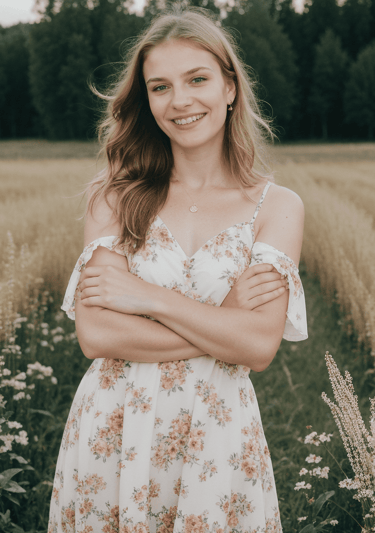 a woman in a floral dress standing in a field