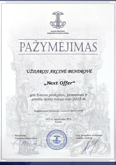 NextOffer is a member of Kaunas Chamber of Commerce Industry and crafts