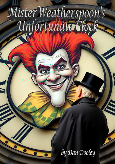 Book cover for Mister Weatherspoon's Unfortunate Clock by Dan Dooley featuring a man in a top hat looking at a clown clock.