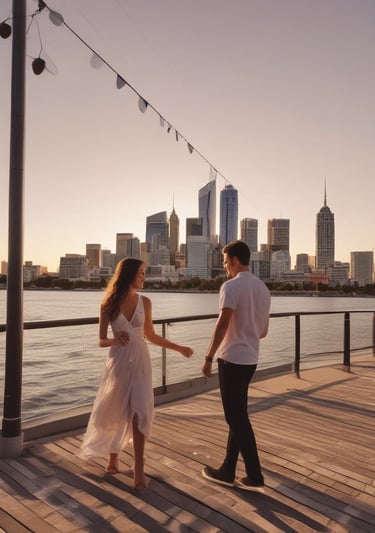 a sugar baby and sugar mommy holding hands and walking on a boardwalk