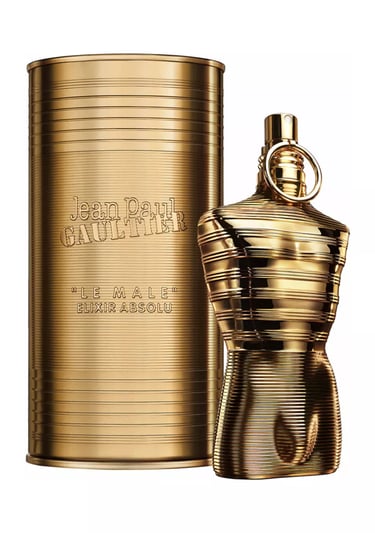 Jean Paul Gaultier Le Male Elixir Absolu luxury men's fragrance in a gold torso bottle and matching tin.