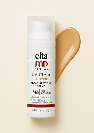  EltaMD UV Clear tinted sunscreen SPF 46 with a beige swatch on a neutral background