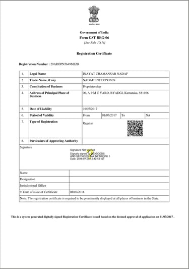 GST registration certificate of Nadaf Enterprises