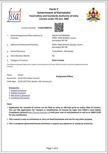 FSSAI food safety certificate of Nadaf Enterprises