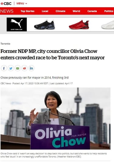 Former NDP MP, city councillor Olivia Chow enters crowded race to be Toronto's next mayor. Heather Waldron, CBC