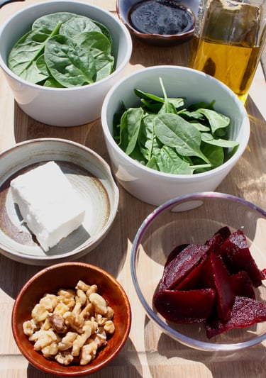ingredients for Balsamic Beet and spinach salad
