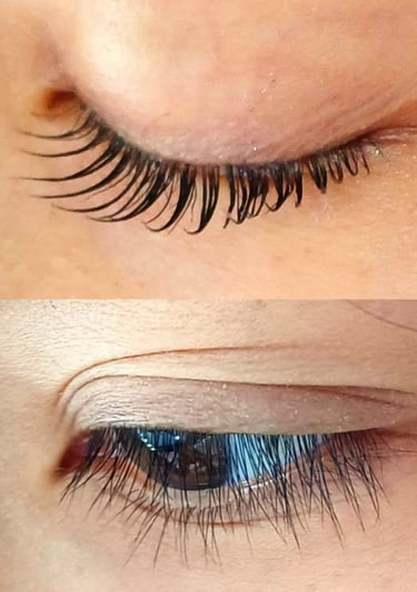 a woman with a blue eyeliners and a pair of lashes
