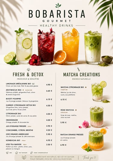 Bobarista menu featuring gourmet healthy drinks like organic lemonade, matcha creations, and detox juices.