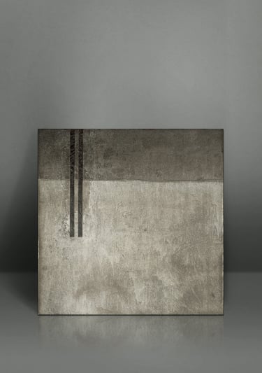 Modern minimalist abstract art canvas with textured grey tones and vertical black lines.