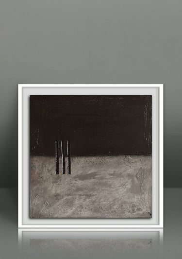 Framed minimalist abstract oil painting featuring black and grey textured tones with vertical lines.