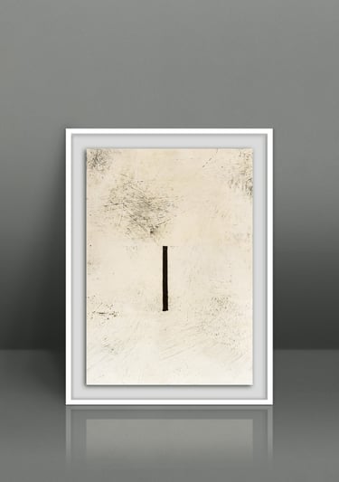 Framed minimalist abstract art print with a black vertical line on a textured beige background.