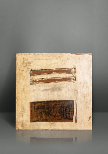 Minimalist abstract mixed media painting with textured earth tones and geometric shapes on a neutral background.