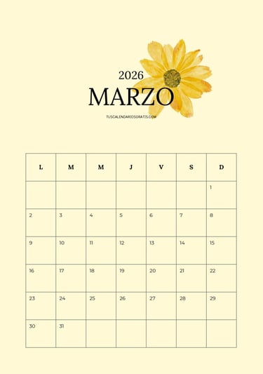 Calendario mensual marzo 2026 con bonito diseño de flor amarilla