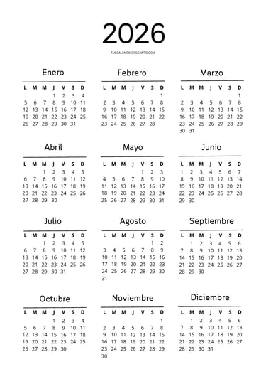 calendario anual 20026 minimalista Cloud Soft para imprimir en pdf tamaño A4 vertical