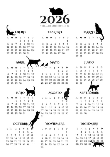 Calendario anual 2026 elegante con siluetas de gatos en blanco y negro 