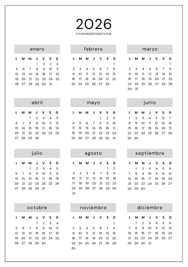 calendario anual 20026 minimalista gris para imprimir en pdf tamaño A4 vertical