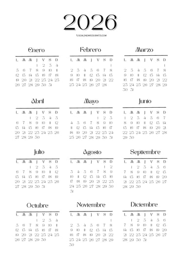 calendario minimalista anual año 2026 para imprimir 