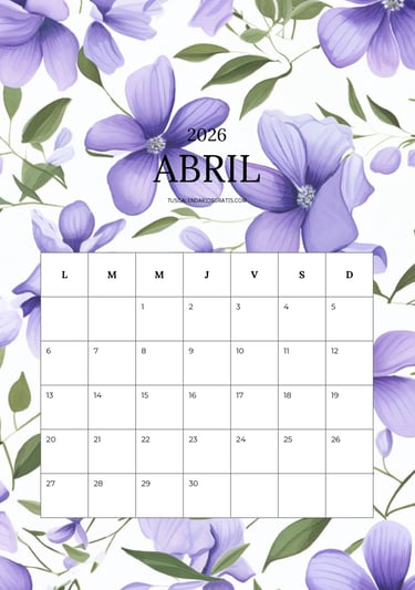 calendario mensual mes de abril 2026 con diseño flores lilas hermoso