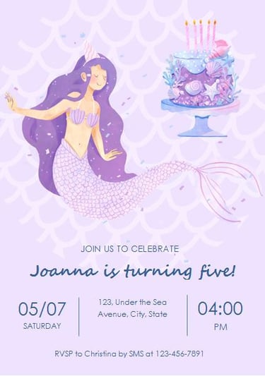 Purple Mermaid Birthday Party Invitation Template