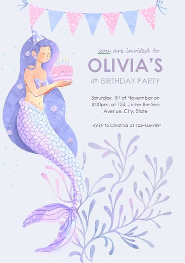Watercolor Mermaid Birthday Party Invitation Template
