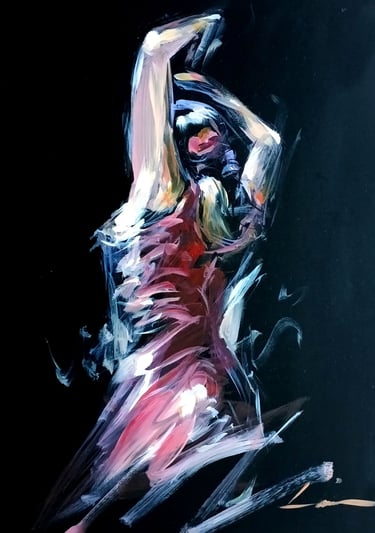 Cuadro al óleo de una figura flamenca con brazos alzados y trazos expresivos sobre fondo negro en estilo contemporáneo.