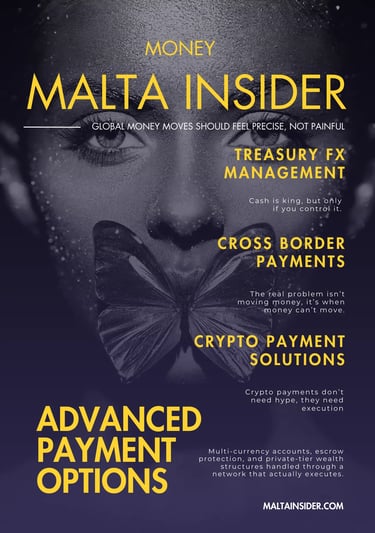 Malta Insider magazine cover featuring cross border payments and crypto payment solutions.