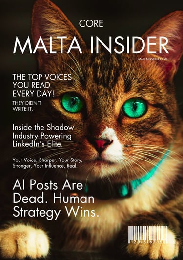 Malta Insider magazine cover featuring a brown tabby cat with bright green eyes and AI strategy headlines.