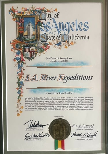 City of Los Angeles certificate of recognition awarded to LA River Expeditions in 2014.