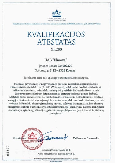 SPSC ypatingojo statinio statybos rangovo kvalifikacijos atestatas Nr. 260