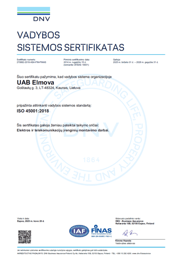 ISO 45001:2018 vadybos sistemos sertifikatas