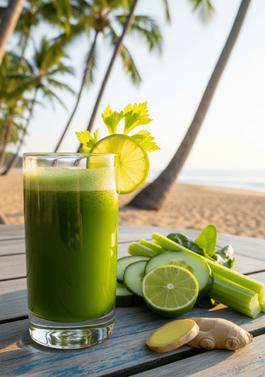 a glass of juice with a slice of lime on a table