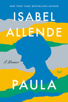 Minimalist cover of “Paula” by Isabel Allende, with a blue silhouette and bold color stripes.
