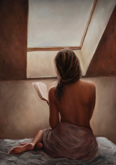 Original painting, oil on canvas, A book for her, 70x50cm